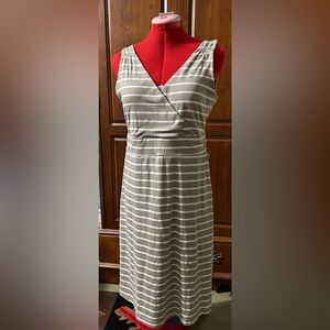 Eddie Bauer Taupe and White Striped Midi Dress